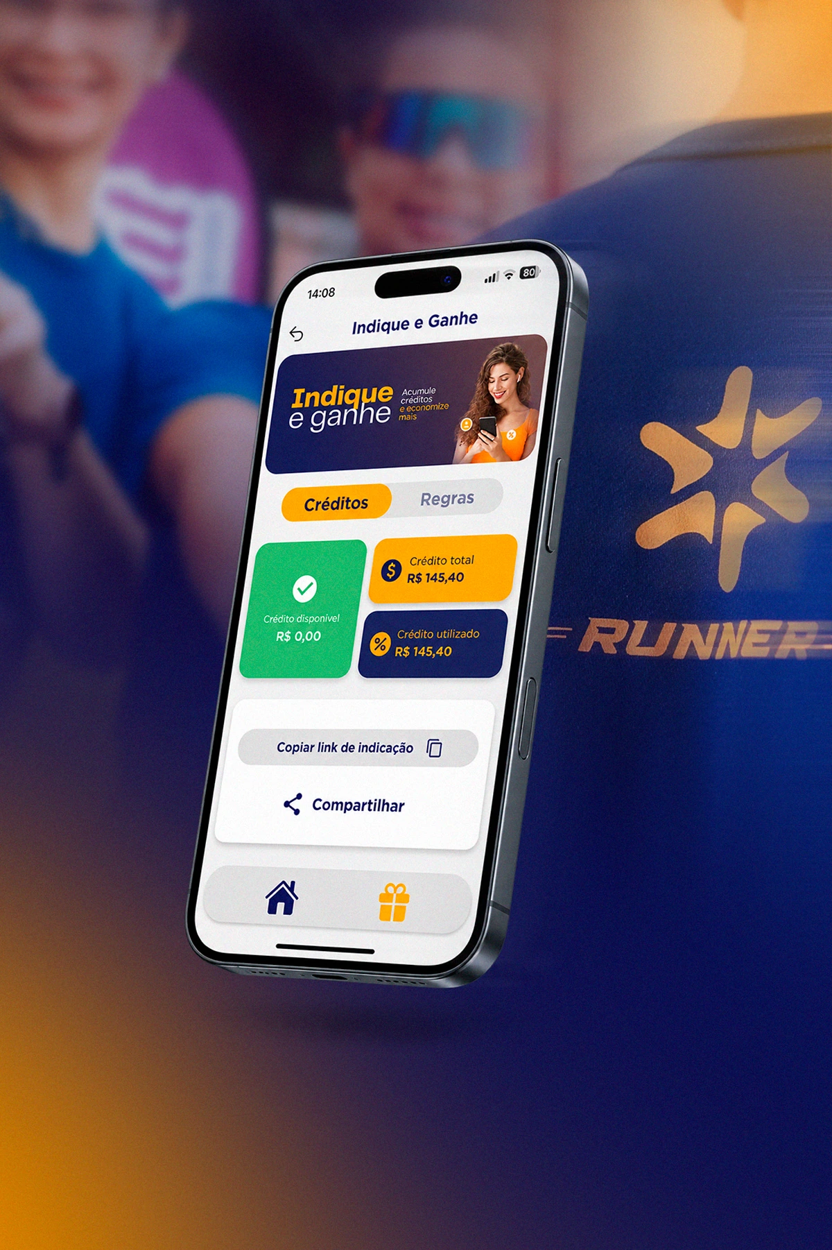 Celular exibindo o app da Setta na tela do Indique e Ganhe, com cr&eacute;ditos acumulados e bot&atilde;o de compartilhar